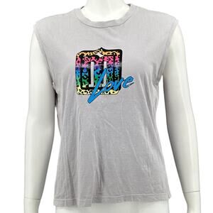 Maje Top Womens 1 Small‎ Gray Teo Sleeveless Love Graphic Tee Muscle Rainbow